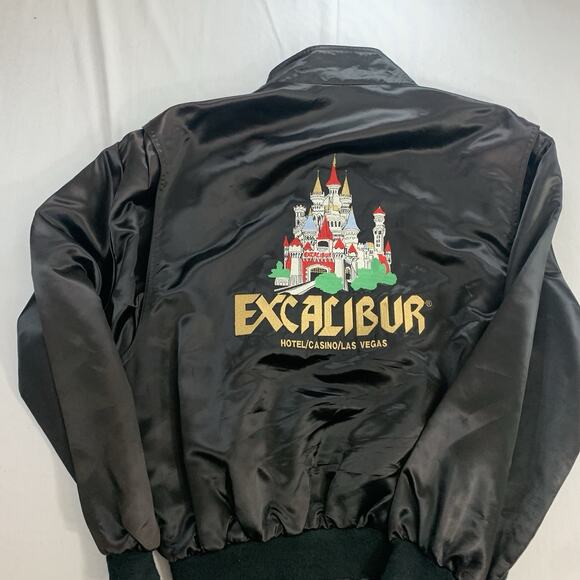 Vintage 1990s Excalibur Las Vegas Black Satin Adult Size XL Casino Bomber Jacket - Picture 4 of 10
